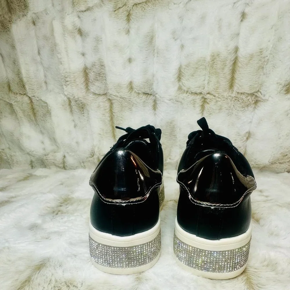 Pazzle Black Leatherett With Rainbow Stripes & Rhinestone Trim Platform Sneaker